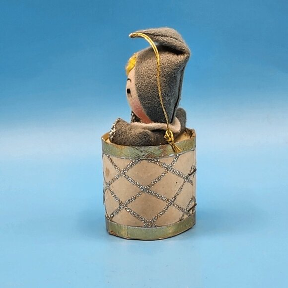 1950s Pixie Elf in Drum Oament Spun Pixie Cotton Foil Holly Felt Hat Putz Style - Picture 4 of 10